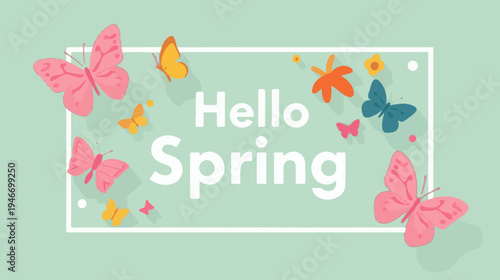 template of a modern Spring banner featuring colorful butterflies in flat design style with bold lines and minimalist shapes, incorporating vibrant