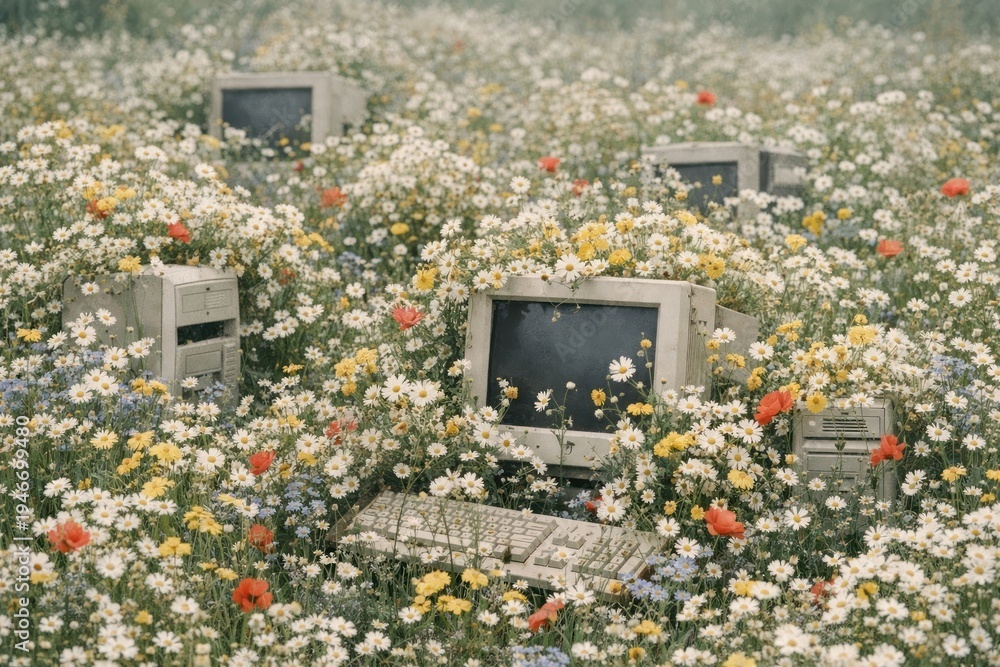 Fototapeta premium Vintage computers amidst wildflowers