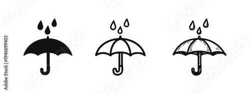 Umbrella with Rain Drops Icon Set - Weather Protection and Rainy Day Doodle Symbols, Vector Illustration