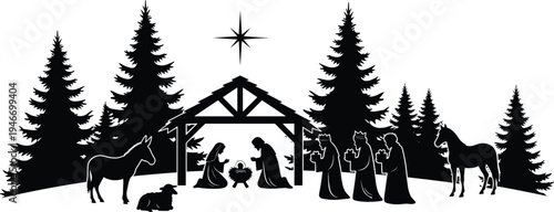 Christmas nativity scene silhouette vector, baby Jesus Mary Joseph and three wise men with animals and star, religious holiday illustration for festive design