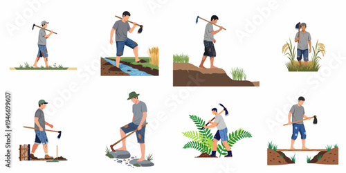Collection of flat vector illustrations of a male farmer working in agricultural fields using a hoe for various farming tasks.