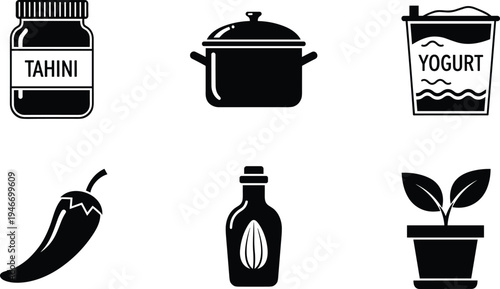 Cooking ingredients vector icon set with tahini jar, yogurt cup, chili pepper, olive oil bottle, cooking pot and herb plant, minimal kitchen symbols