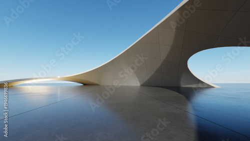 Abstract architecture and futuristic curved structure design against blue sky background, Modern metallic exterior on empty concrete floor, 3d rendering