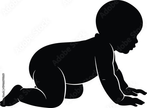 Crawling baby silhouette vector, infant child on hands and knees, toddler development stage illustration, isolated newborn kid icon for parenting, childcare design