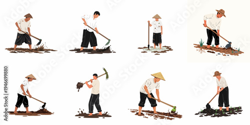 A collection of vector illustrations depicting traditional Asian farmers working in muddy fields using hoes and wearing conical hats.