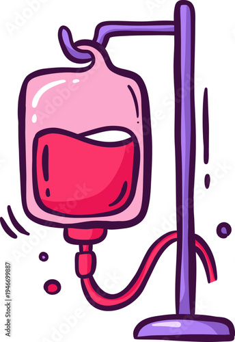 Hand-Drawn Pink IV Bag with Red Fluid and Purple Stand for Medical Infusion