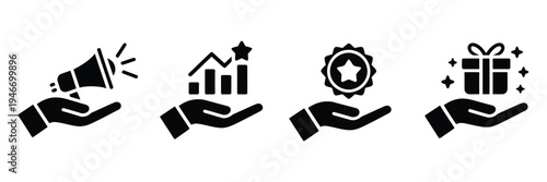 Set of business icons with hands holding megaphone graph star and tag, modern flat vector collection for advertising campaigns