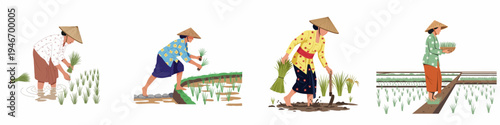 Set of illustrations featuring Southeast Asian female farmers in traditional attire working in rice fields, planting, harvesting, and carrying seedlings.