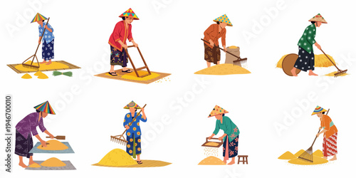 Illustration set of Southeast Asian women farmers in traditional attire and conical hats, engaged in various stages of rice harvesting and processing.