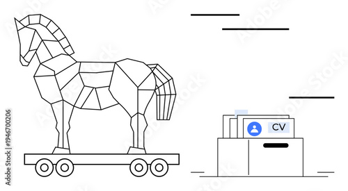 Cybersecurity threat. Trojan horse approaching documents and CV files, compromised personal data. Cybersecurity threats remain a major risk for digital safety. Ideal for security awareness, data