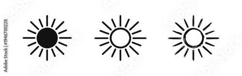 Sun Icon Set - Light, Summer, Warmth, and Brightness Symbols.