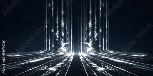 An abstract blue background with motion blur lines depicts the fast speed of city traffic and car lights on a dark urban highway at night