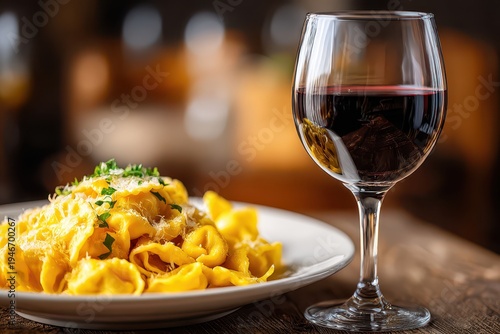 Close-up of a delicious tortelloni dish served with a glass of red wine, showcasing a gourmet experience perfect for restaurants and food enthusiasts.