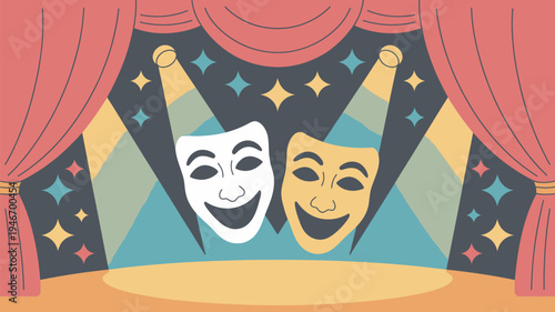 A colorful illustration of comedy and tragedy masks on a stage with spotlights and curtains