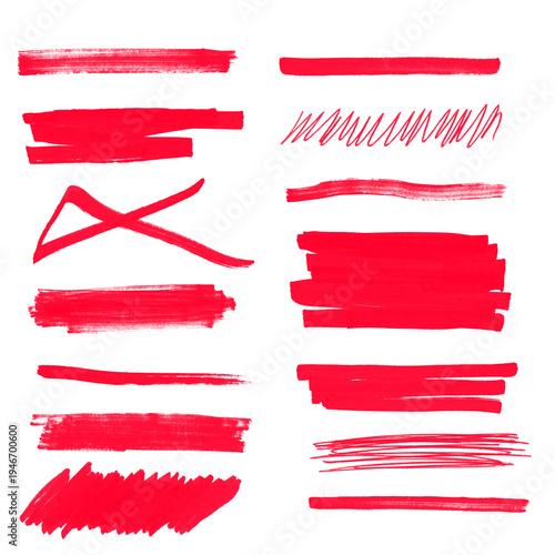 Red Grunge Brush Stroke Set with Redacted Text Censorship Bars and Rough Ink Lines.