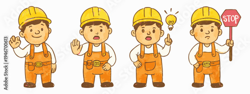 Cute Construction Worker Characters Set with Safety Helmet Tools Stop Sign and Idea Concept Vector Illustration