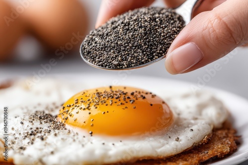 A close up shot of a person adding chia seeds to a sunny side up egg, perfect for showcasing healthy breakfast and dietary trends with a focus on nutrient-rich food.
