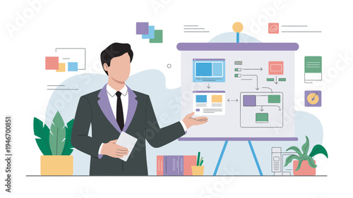 A businessman in a suit presenting a colorful flowchart on a whiteboard in a modern office setting.