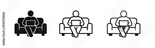 Remote work and online learning icon set, featuring a person using a laptop on a sofa, depicting home office