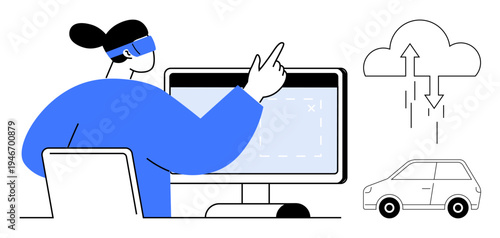 Cloud storage concept. Woman working with a computer to analyze and manage cloud storage solutions. Cloud storage enabling remote data accessibility and efficient management. For technology