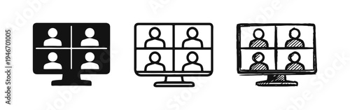 Video conference and online meeting icon set, depicting a group video call on a computer monitor