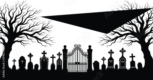 Halloween cemetery silhouette vector illustration, spooky graveyard with tombstones, gothic gate and dead trees, dark horror night scene for Halloween decoration