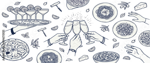 La dolce vita italian sicily style. Hand drawn ink line food and wine or champagne drawings. Sketch style lunch or dinner Illustrations for wedding invitations, cafe or restaurant menus and parties