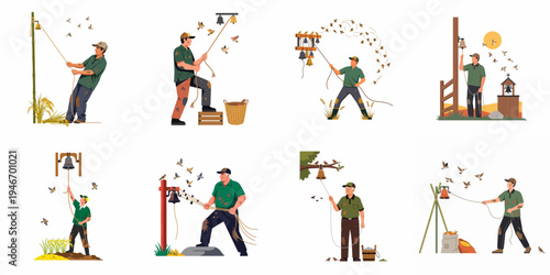 Set of flat illustrations depicting farmers ringing bells to scare away birds from crops in an agricultural field environment.