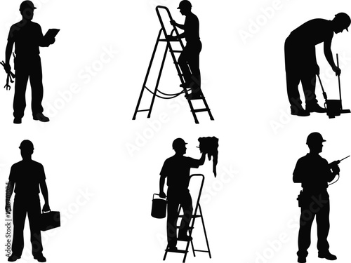 Maintenance worker silhouettes with ladder tools painter electrician technician, professional repair and installation service workforce vector illustration isolated