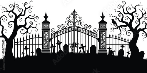 Halloween graveyard gate silhouette vector illustration, spooky cemetery with crooked trees, tombstones and gothic fence, eerie horror scene for Halloween decoration