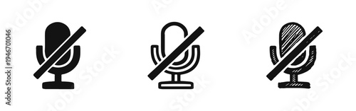 Muted microphone icon set, representing audio off, no sound, and privacy in digital communication