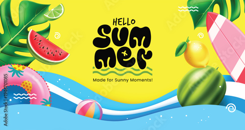 Hello summer greeting vector background design. Summer hello greeting text with surfboard, beach ball, watermelon and leaves elements for holiday promotions. Vector illustration.
