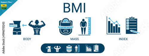 BMI - Body mass index fot health life, obesity and overweight vector illustration with icons and keywords, icon two color