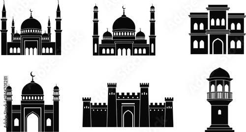 Islamic architecture silhouette set with mosque domes, minarets, fortress gate and tower, traditional Muslim landmark buildings vector illustration collection