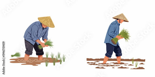 Illustration of Asian farmers wearing traditional conical hats planting rice seedlings in a paddy field, representing manual labor and traditional agriculture.