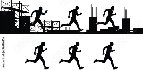 Running athlete silhouettes across urban construction site skyline, sport runner training action poses, fitness jogging man vector illustration isolated