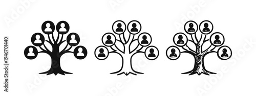 Family Tree Icon Set. Genealogy and Social Network Symbols in Solid, Outline, and Hand-Drawn Styles.