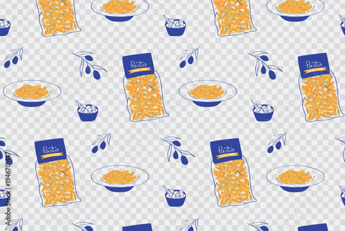 A seamless pattern featuring Italian pasta, a pasta package, a plate of spaghetti, an olive branch, and a glass of wine. Vector food background on a transparent background.