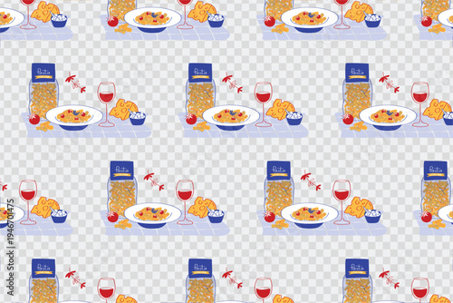Italian pasta dinner seamless pattern with spaghetti plate, wine glass, cheese and pasta box. Mediterranean food vector background