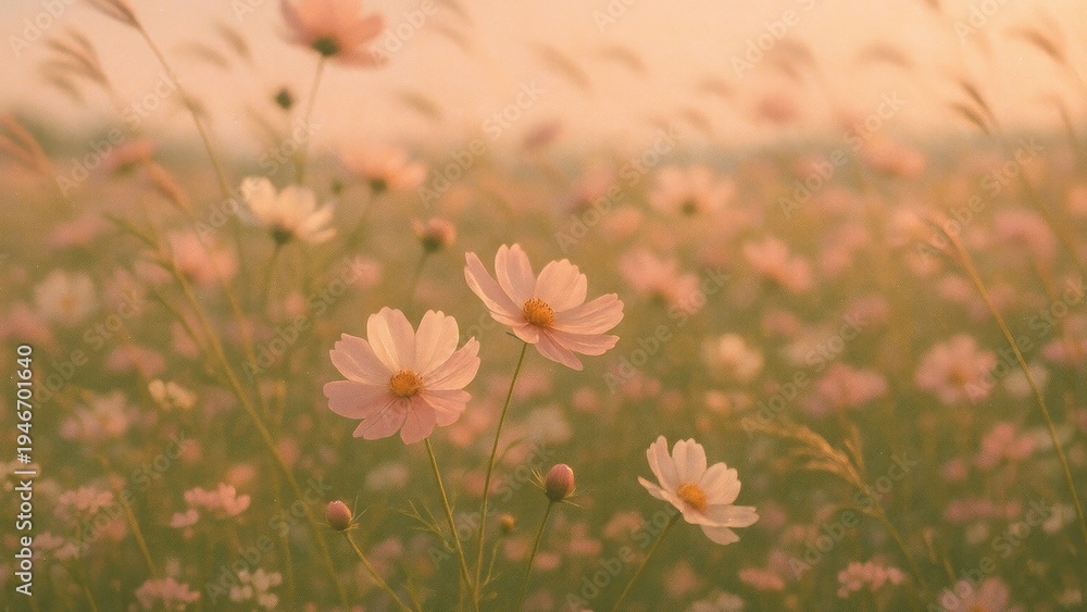 Naklejka premium Serene field of blooming cosmos desktop wallpaper