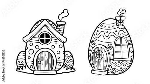 Cute Easter egg cottage houses with floral patterns and chimney line art for coloring book
