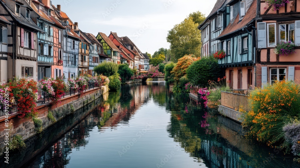 Obraz premium Traditional timber framed houses along a canal in Colmar, France. Scenic European old town architecture decorated with colorful flowers. Romantic village travel destination in summer.
