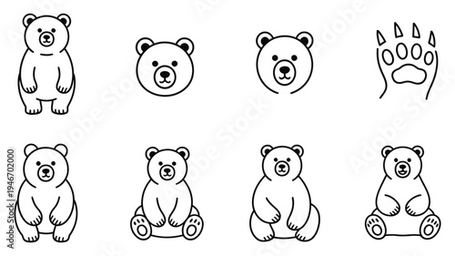 Set of cute bear illustrations in simple line art style, vector collection representing adorable animals, wildlife themes, children’s design