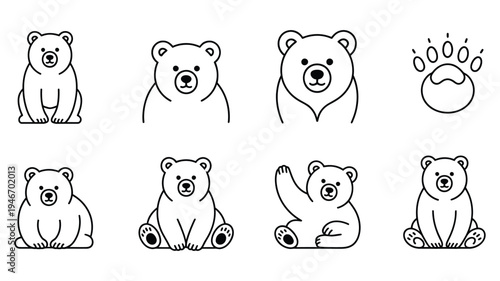Set of cute bear illustrations in simple line art style, modern outline vector designs for nursery decor, kids products, storybooks