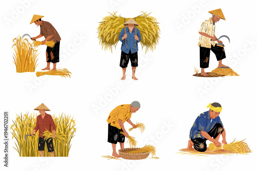 Vector illustration set of traditional Asian rice farmers harvesting, carrying bundles, and processing golden crops in a rural agricultural setting.