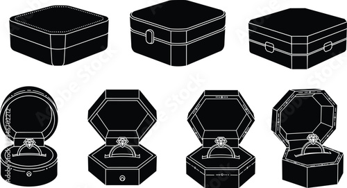Jewelry ring box vector illustration set, luxury engagement ring packaging collection, open and closed gift box silhouettes for wedding proposal design