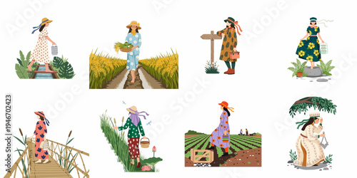 Collection of illustrations depicting women in traditional modest attire engaged in rural life, agriculture, and nature across various countryside settings.