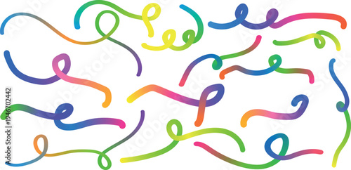 Vibrant multicolored squiggles on white background create playful abstract art piece with diverse curved lines and shapes
