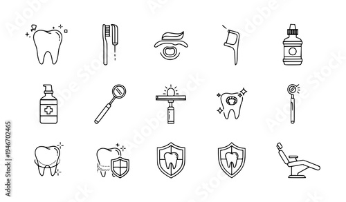 A set of dental care icons including teeth, toothbrushes, and medical tools