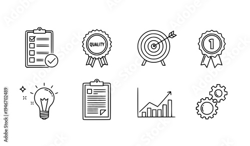 A set of business icons representing quality, productivity, and success in a minimalist design style